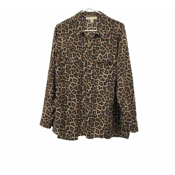 Michael Kors NWT Brown Leopard Animal Full Zip Top Jacket Shacket Size L - Picture 3 of 6